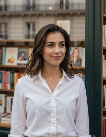 Eloise, a French woman with a warm smile standing near a Parisian bookshop in natural light