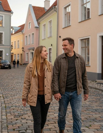 Happy American-Estonian couple walking hand in hand through Tallinn Old Town cobblestone streets