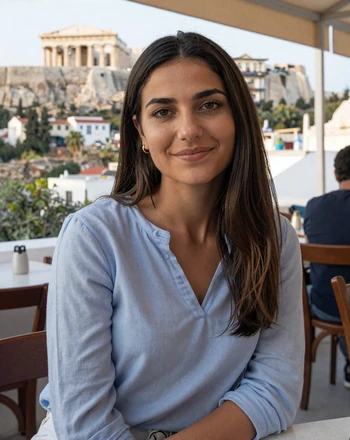 Eleni, 28, Greek woman from Athens at an outdoor cafe in Plaka with the Acropolis in background