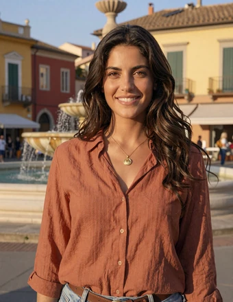 Italian woman smiling warmly on a sun-drenched piazza in Italy, Mediterranean romance atmosphere
