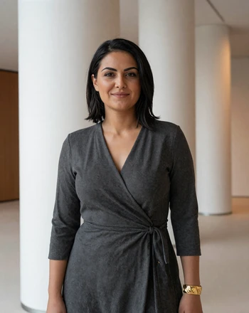 Nathalie, 36, Luxembourg woman inside the Philharmonie Luxembourg lobby wearing an elegant charcoal wrap dress