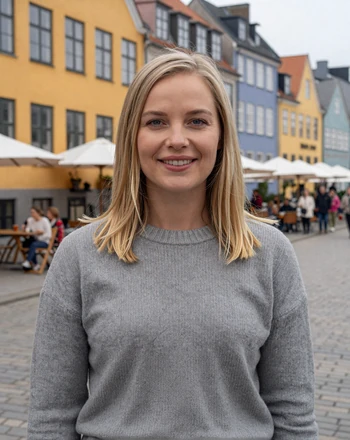 Astrid, 31, verified Danish woman from Copenhagen smiling on a colorful city street