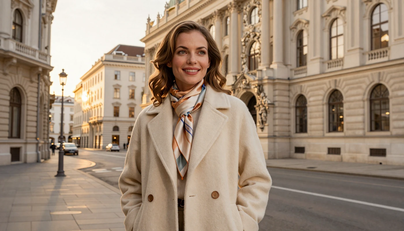 Elegant Austrian woman standing on a classical Vienna street with Baroque architecture at golden hour