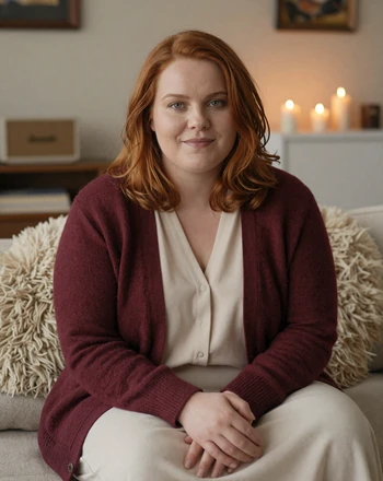 Nanna, 35, Danish woman from Aarhus in a cozy hygge living room with candles and warm textiles
