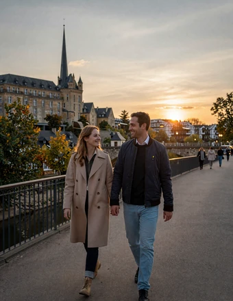 Happy international couple walking arm in arm across the Passerelle viaduct bridge in Luxembourg City at sunset