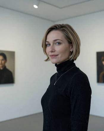 Lena, 34, German woman from Berlin with a thoughtful expression in a modern gallery space