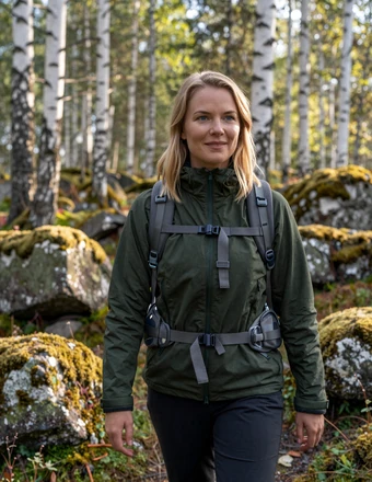 Swedish woman hiking through a birch forest with soft sunlight and mossy rocks