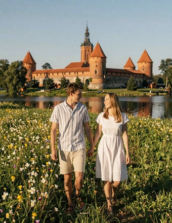 Couple walking through a wildflower meadow near Trakai Castle in Lithuania during golden afternoon light