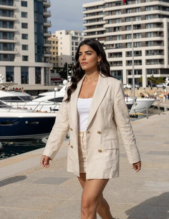 Stylish Greek-Cypriot woman walking through the modern Limassol marina district with yachts and contemporary architecture