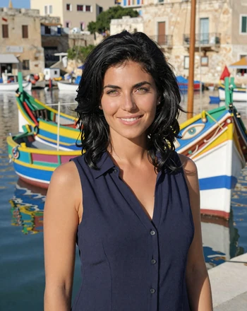 Kristina, 34, Maltese woman at Marsaxlokk harbor with colorful traditional luzzu boats behind