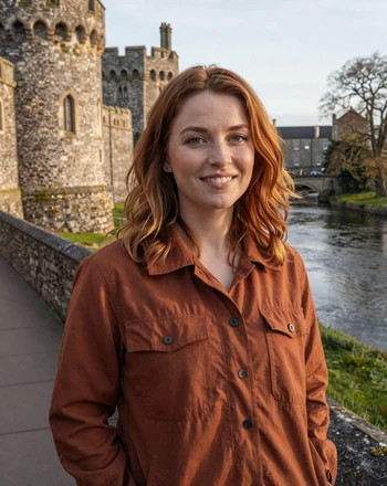 Saoirse, 27, Irish woman from Limerick standing near King Johns Castle with medieval stone walls and the River Shannon