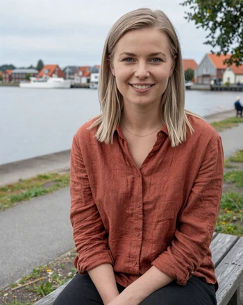 Emilie, 29, Danish woman from Aalborg sitting on a waterfront bench with the Limfjord behind her