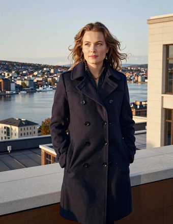 Confident Norwegian woman standing at Oslo Opera House rooftop with Oslofjord city skyline