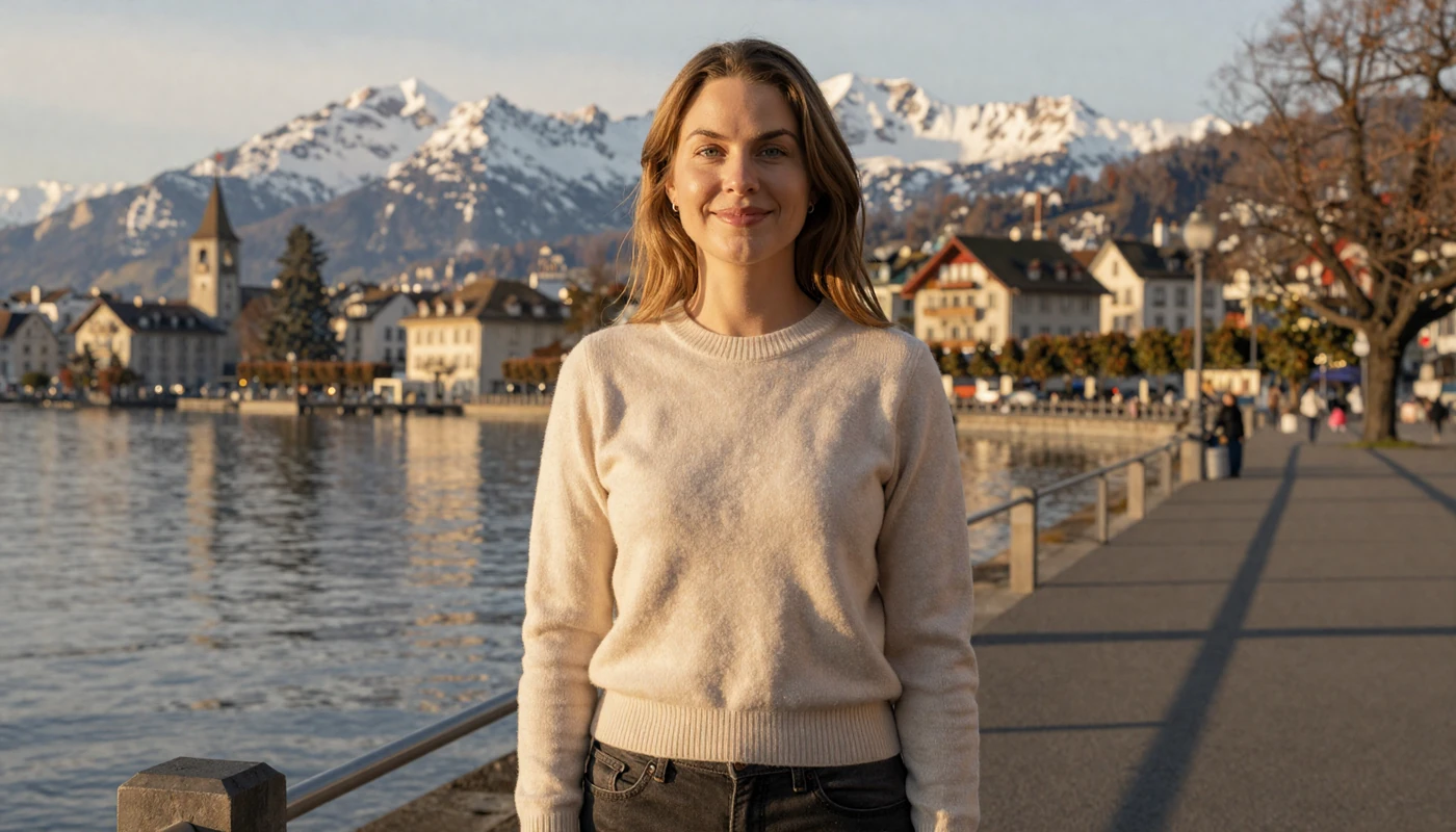 Confident Swiss woman standing on a lakeside promenade in Zürich with Alpine mountains at golden hour