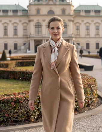 Stylish Austrian woman walking through the Belvedere Palace gardens in Vienna during autumn
