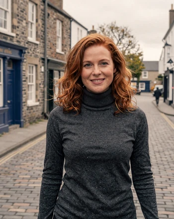 Aisling, 35, Irish woman from Waterford walking along a historic cobblestone street with Viking heritage buildings