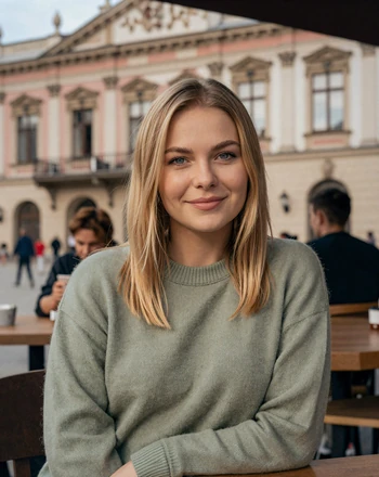 Giedrė, 29, Lithuanian woman from Vilnius sitting at a cafe in the Old Town with a warm smile