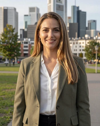 Maren, 33, German woman from Frankfurt in a city park with modern skyline in background