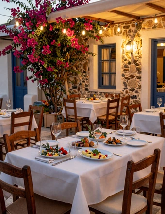 Romantic outdoor Greek taverna with white tablecloths, meze plates, and warm string lights at evening