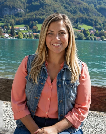Laura, 28, Austrian woman from Klagenfurt sitting by Lake Wörthersee with turquoise water