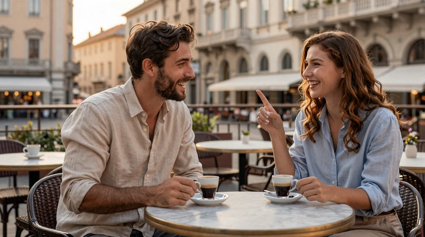 American man and European woman sharing an animated conversation at a golden hour cafe terrace in Europe