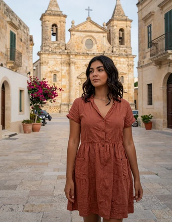 Maltese woman standing in a quiet village square with a Baroque parish church and bougainvillea flowers