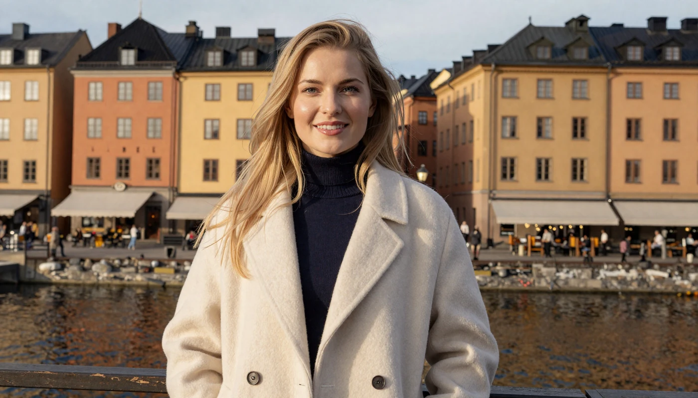 Beautiful Swedish woman standing on a Stockholm waterfront bridge with Gamla Stan old town in the background at golden hour