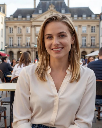 Sophie, 29, Luxembourg woman from Luxembourg City at an outdoor cafe in Place Guillaume II with a warm smile