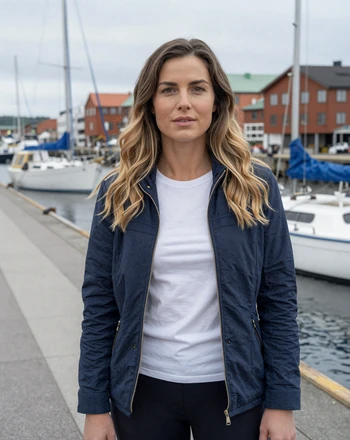 Wilma, 31, Swedish woman from Gothenburg standing along the harbor with confident relaxed expression